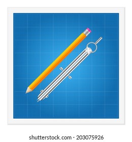Blueprint and ruler instruments on a white background.