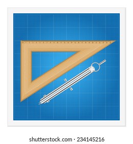 Blueprint and ruler instruments on a white background.