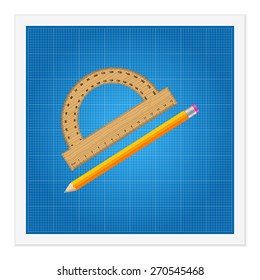 Blueprint and ruler instruments on a white background.
