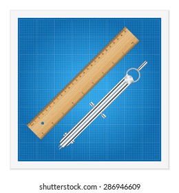 Blueprint and ruler instruments on a white background.