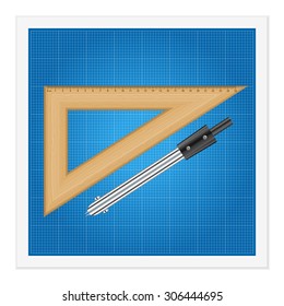 Blueprint and ruler instruments on a white background.