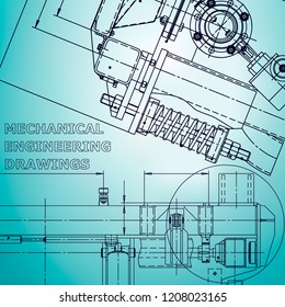 Blueprint, scheme, plan, sketch. Technical illustrations, backgrounds. Machine industry. Corporate Identity. Light blue