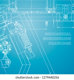 Blueprint, scheme, plan, sketch. Technical illustrations, backgrounds. Machine-building industry Instrument-making drawing Blue and white