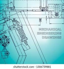 Blueprint, scheme, plan, sketch. Technical illustrations, backgrounds. Machine-building industry. Instrument-making drawing. Light blue