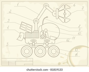 blueprint with the scheme of planet rover on old grunge paper