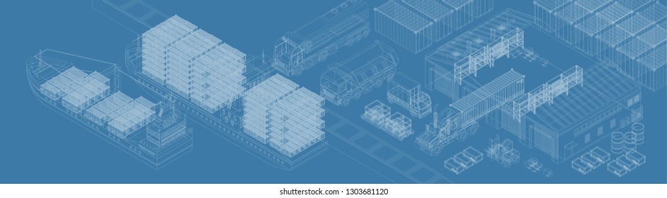 Blueprint of sea port and warehouse on isometric vector design