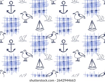 Blueprint seamless pattern with hand-drawn seagulls, yachts and anchors on a tartan texture. Blue sketch aesthetic perfect for marine-themed designs.