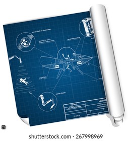 Blueprint secret drawing alien spaceship. UFO. Flying saucer. Vector illustration eps 10