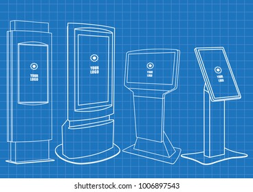Blueprint of Set of Promotional Interactive Information Kiosk, Advertising Display, Terminal Stand, Touch Screen Display. Mock Up Template.