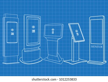 Blueprint of Set of Promotional Interactive Information Kiosk, Advertising Display, Terminal Stand, Touch Screen Display. Mock Up Template.