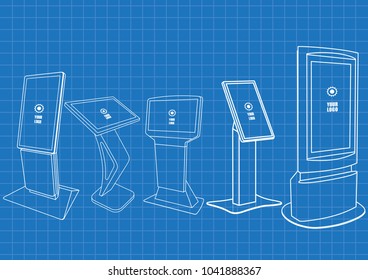 Blueprint of Set of Promotional Interactive Information Kiosk, Advertising Display, Terminal Stand, Touch Screen Display. Mock Up Template.