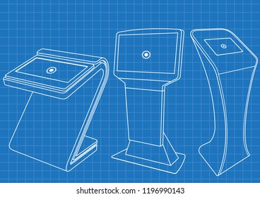 Blueprint of Set of Promotional Interactive Information Kiosk, Advertising Display, Terminal Stand, Touch Screen Display. Mock Up Template.