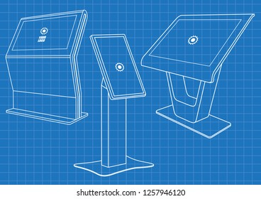 Blueprint of Set of Promotional Interactive Information Kiosk, Advertising Display, Terminal Stand, Touch Screen Display. Mock Up Template.