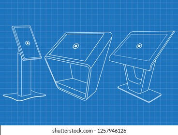Blueprint of Set of Promotional Interactive Information Kiosk, Advertising Display, Terminal Stand, Touch Screen Display. Mock Up Template.