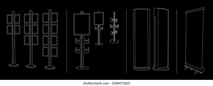 Blueprint of Set of Promotional Interactive Information Kiosk, Advertising Display, Terminal Stand, Touch Screen Display. Mock Up Template. Vector black background