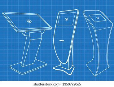 Blueprint of Set of Promotional Interactive Information Kiosk, Advertising Display, Terminal Stand, Touch Screen Display. Mock Up Template.