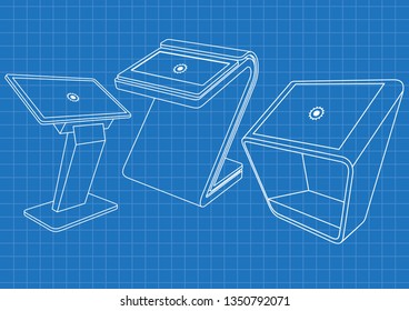 Blueprint of Set of Promotional Interactive Information Kiosk, Advertising Display, Terminal Stand, Touch Screen Display. Mock Up Template.