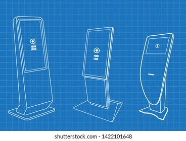 Blueprint of Set of Promotional Interactive Information Kiosk, Advertising Display, Terminal Stand, Touch Screen Display. Mock Up Template.
