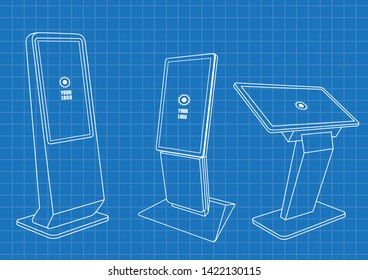 Blueprint of Set of Promotional Interactive Information Kiosk, Advertising Display, Terminal Stand, Touch Screen Display. Mock Up Template.