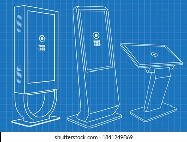 Blueprint of Set of Promotional Interactive Information Kiosk, Advertising Display, Terminal Stand, Touch Screen Display. Mock Up Template.