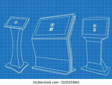 Blueprint of Set of Promotional Interactive Information Kiosk, Advertising Display, Terminal Stand, Touch Screen Display. Mock Up Template