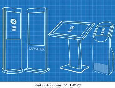 Blueprint of  Set of Promotional Interactive Information Kiosk, Advertising Display, Terminal Stand, Touch Screen Display. Mock Up Template.