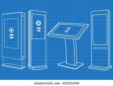 Blueprint of Set of Promotional Interactive Information Kiosk, Advertising Display, Terminal Stand, Touch Screen Display. Mock Up Template.