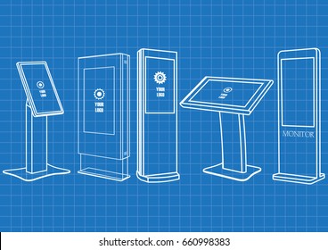 Blueprint of Set of Promotional Interactive Information Kiosk, Advertising Display, Terminal Stand, Touch Screen Display. Mock Up Template.