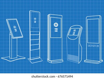 Blueprint of Set of Promotional Interactive Information Kiosk, Advertising Display, Terminal Stand, Touch Screen Display. Mock Up Template.