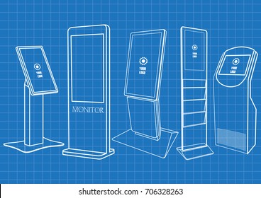 Blueprint of Set of Promotional Interactive Information Kiosk, Advertising Display, Terminal Stand, Touch Screen Display. Mock Up Template.