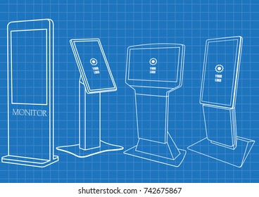 Blueprint of Set of Promotional Interactive Information Kiosk, Advertising Display, Terminal Stand, Touch Screen Display. Mock Up Template.