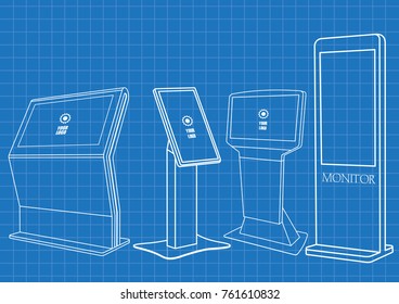 Blueprint of Set of Promotional Interactive Information Kiosk, Advertising Display, Terminal Stand, Touch Screen Display. Mock Up Template.
