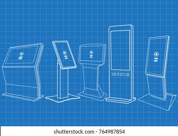 Blueprint of Set of Promotional Interactive Information Kiosk, Advertising Display, Terminal Stand, Touch Screen Display. Mock Up Template.