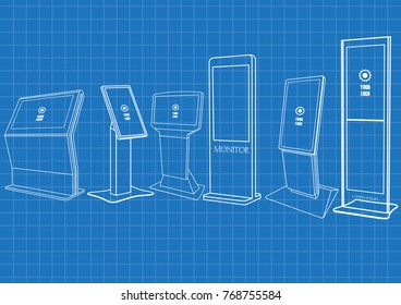 Blueprint of Set of Promotional Interactive Information Kiosk, Advertising Display, Terminal Stand, Touch Screen Display. Mock Up Template.