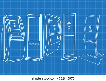 Blueprint of Set of Stand and Wall mount self service terminal or public information kiosk with Touch Screen Display isolated on transparent background. Mock Up Template.