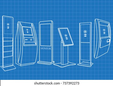 Blueprint of Set of Stand and Wall mount self service terminal or public information kiosk with Touch Screen Display isolated on transparent background. Mock Up Template.
