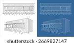 Blueprint shipping container concession stand front and perspective view