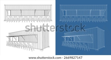 Blueprint shipping container concession stand front and perspective view