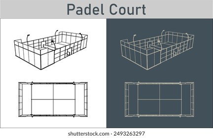 Blueprint showing a technical line art illustration of a padel court in vector