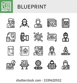 blueprint simple icons set. Contains such icons as Blueprint, Worker, Engineer, Real estate, Engineering, Plan, Architecture, Drawing table, can be used for web, mobile and logo