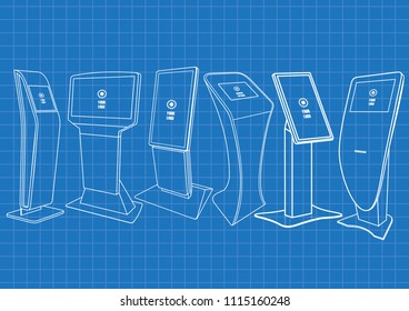 Blueprint of six Promotional Interactive Information Kiosk, Advertising Display, Terminal Stand, Touch Screen Display. Mock Up Template.