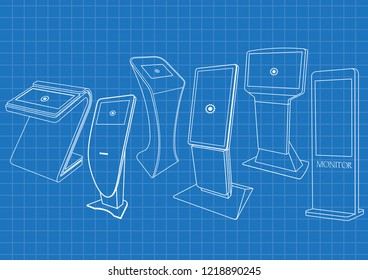 Blueprint of six Promotional Interactive Information Kiosk, Advertising Display, Terminal Stand, Touch Screen Display. Mock Up Template.