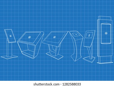 Blueprint of six Promotional Interactive Information Kiosk, Advertising Display, Terminal Stand, Touch Screen Display. Mock Up Template.