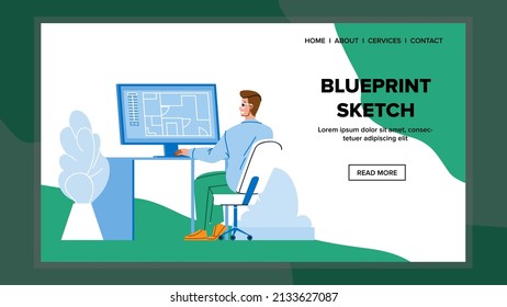 Blueprint Sketch Developing Architect Man Vector. Blueprint Sketch Develop Architectural Worker On Computer Screen, Digital Software For Create Building Plan. Character Web Flat Cartoon Illustration