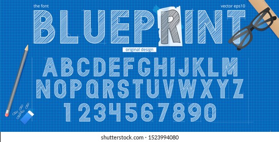 Blueprint Sketch Font, Great Typographic Letter For Any Purposes. Architecture Text Design Background. Isolated Vector.