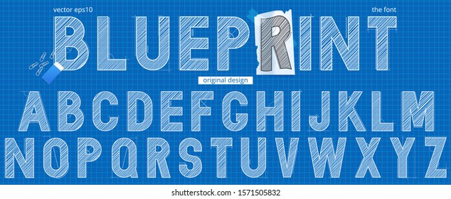 Blueprint sketch font, great typographic letter for any purposes. Architecture text design background. Isolated vector.