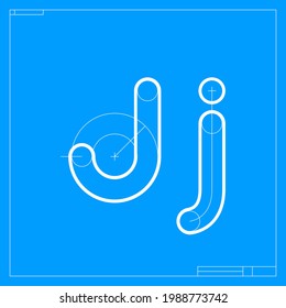 Blueprint sketch letter J logo with construction lines. Vector font for building company identity, architecture magazine, geometric posters.