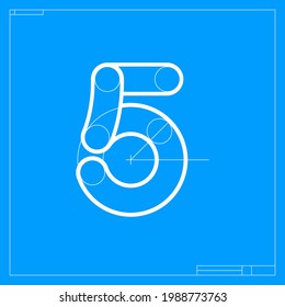 Blueprint Sketch Number Five Logo With Construction Lines. Vector Font For Building Company Identity, Architecture Magazine, Geometric Posters.