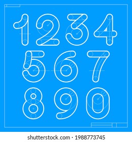 Blueprint sketch numbers set with construction lines. Vector font for building company identity, architecture magazine, geometric posters.