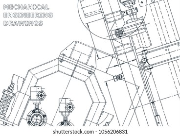Blueprint, Sketch. Vector engineering illustration. Cover, flyer, banner, background. Instrument-making drawings. Mechanical engineering drawing. Technical illustrations, background